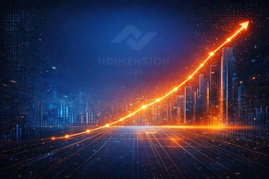 Futuristic digital cityscape with glowing upward growth arrow and Ndimension Labs logo, representing exponential business growth through data-driven solutions and mobile app development.